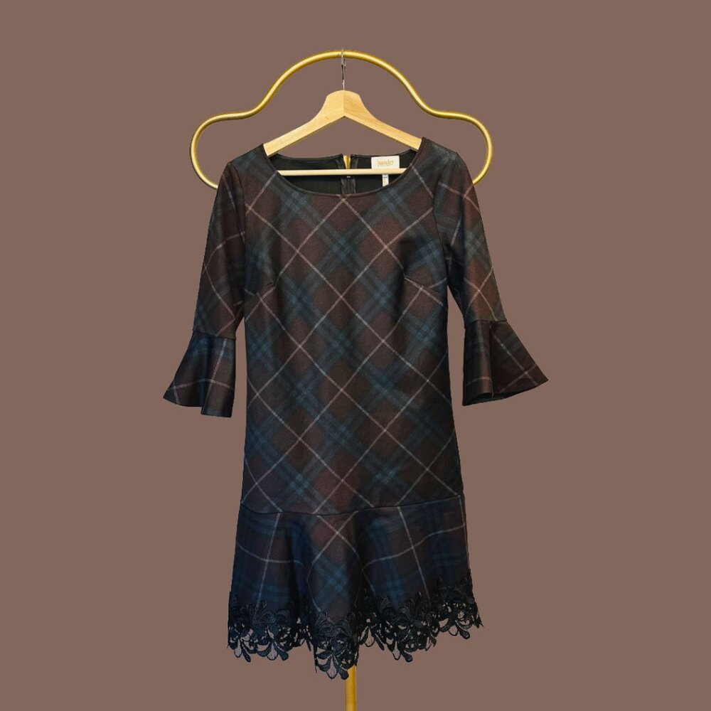Laundry by Shelli Segal Plaid Bell Sleeve Lace Hem Dress Size 6 Small